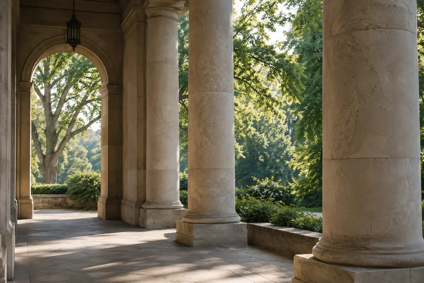 A quiet stone colonnade opening onto mature trees in daylight